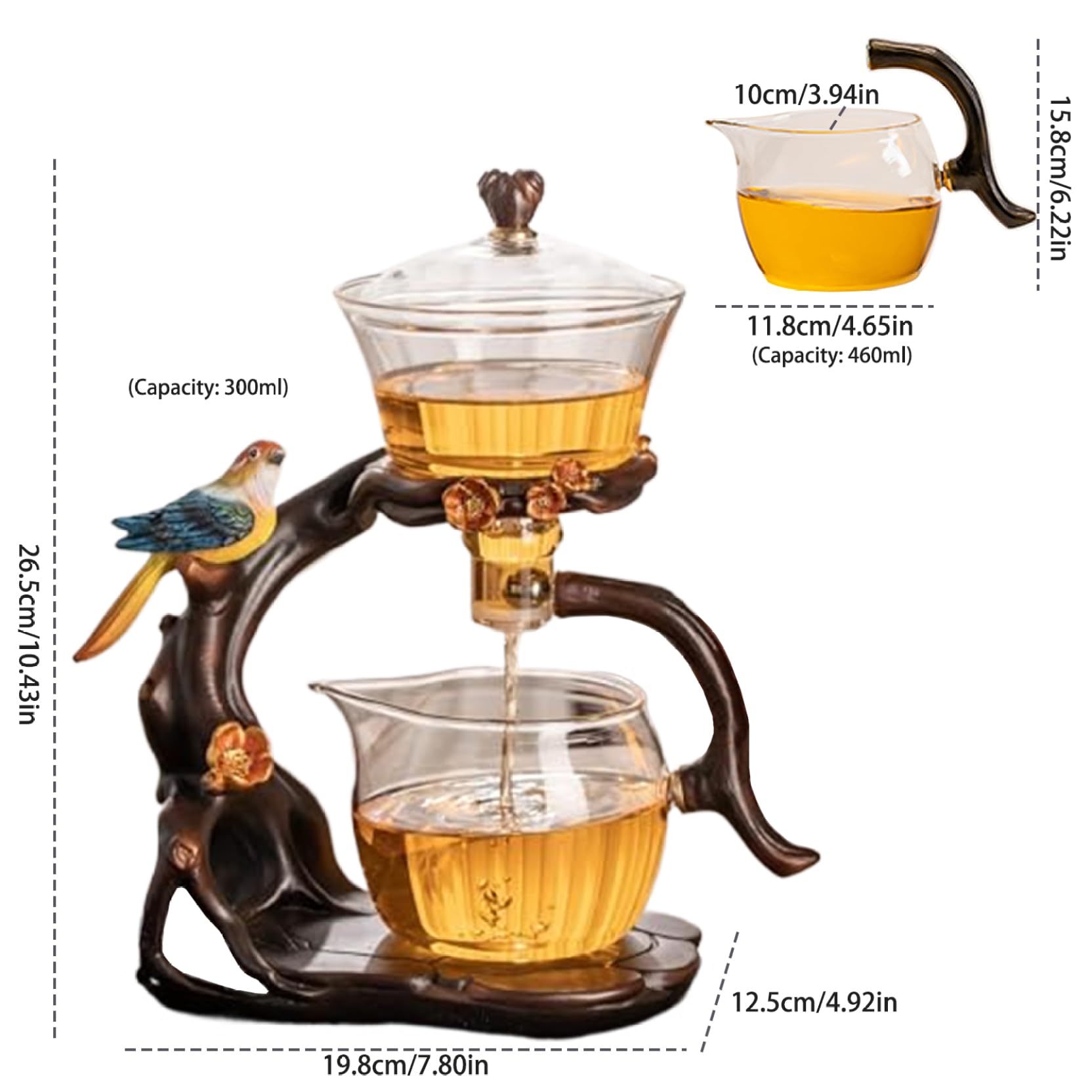 Teiera magnetica, set di tè semi -automatico, teiera magnetica in vetro borosilicato alto con infusore, 300 ml+460 ml di teiera magica, 7.8x4.9x10.4 set da tè Kung Fu per l'ufficio di casa, teapot ma