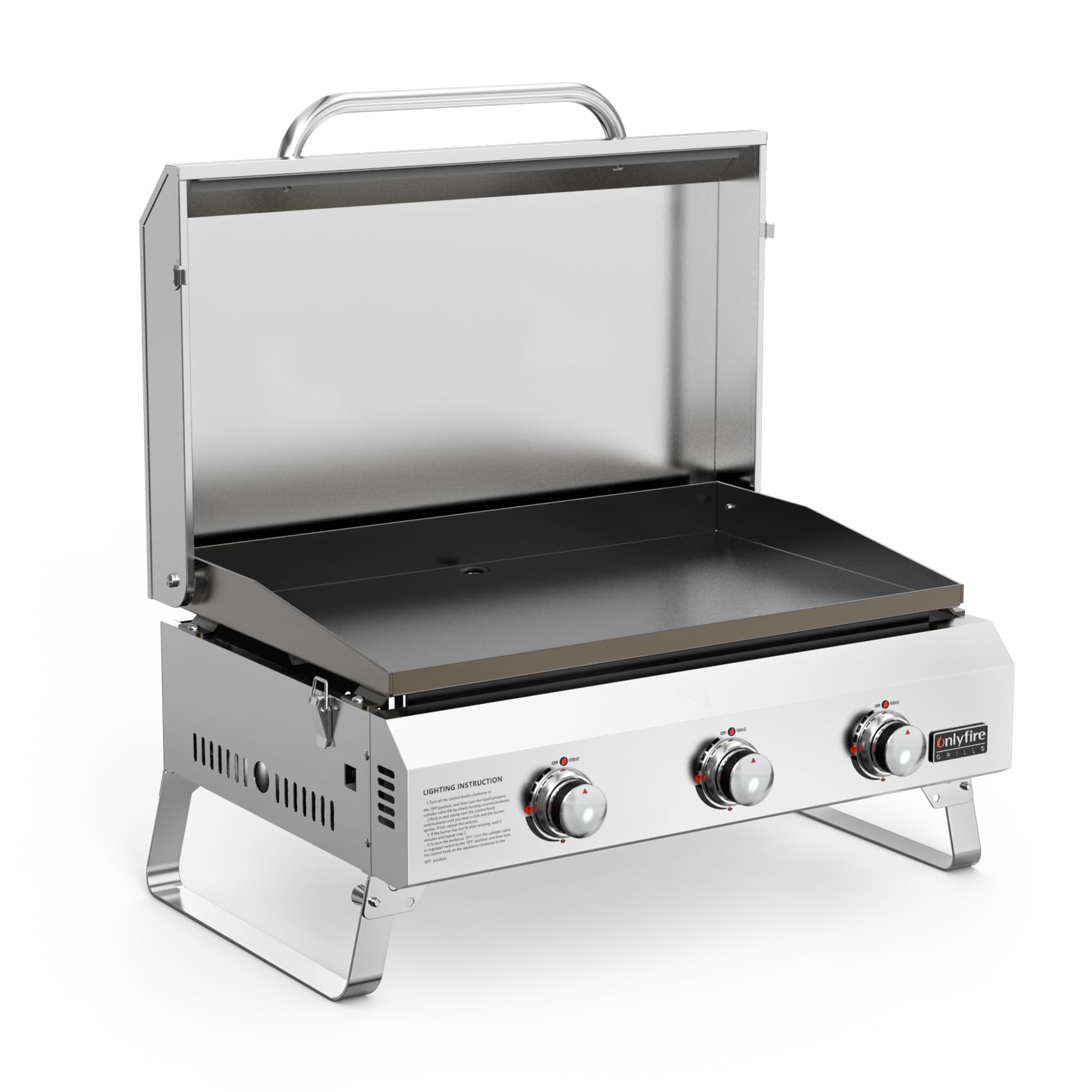onlyfire Plancha à Gaz de Table en Inox, Barbecue Gaz avec Couvercle et 3 Brûleurs 7kW, Plancha 57x36cm avec Revêtement en Céramique Antiadhésif, Pieds Pliables pour Terrasse, Balcon et Camping