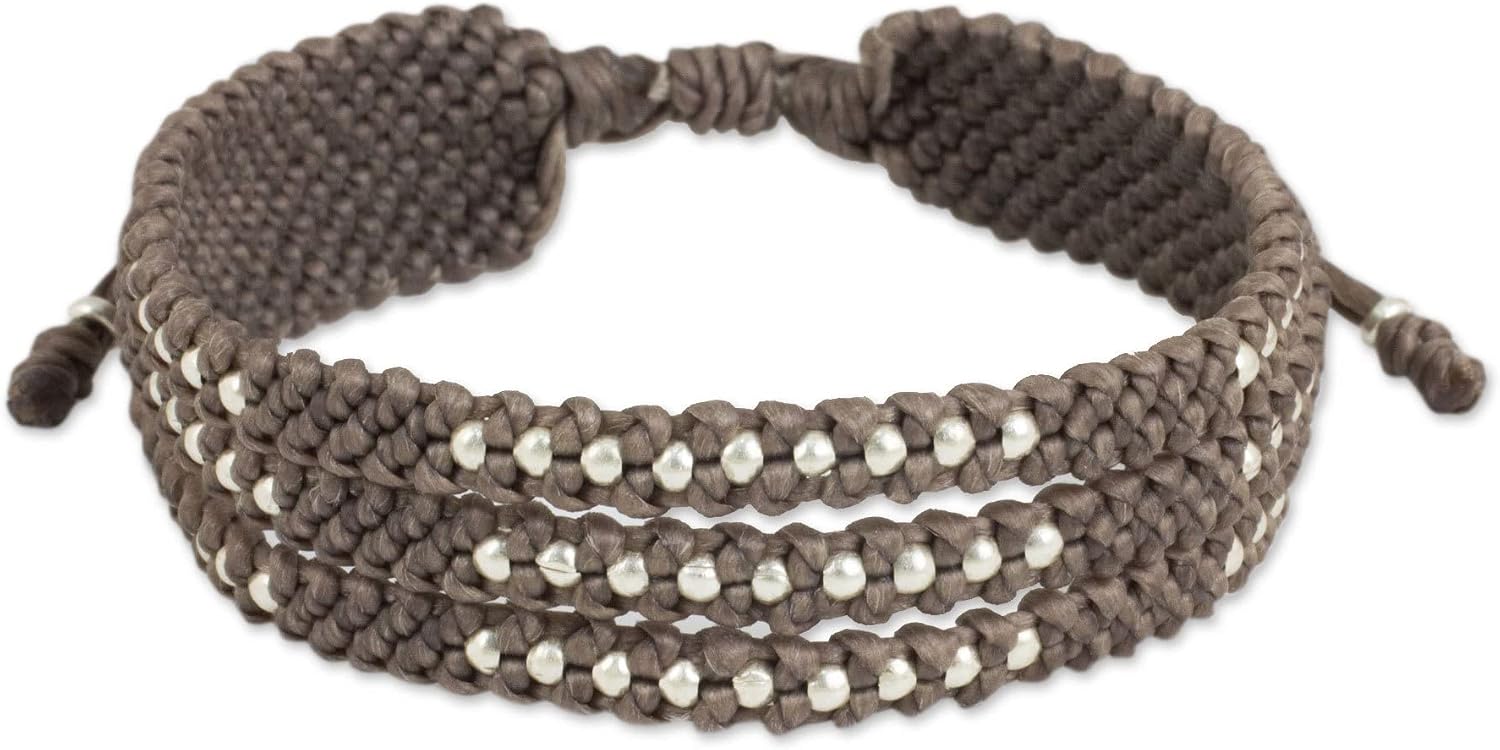 NOVICA Artisan Handmade Silver Accent Wristband Bracelet in Macrame with 950 Beads Sterling Grey Thailand Warm Taupe Hill Tribe [bracelet 7 in min L x 10.25 in max L 15 mm W] Starlight