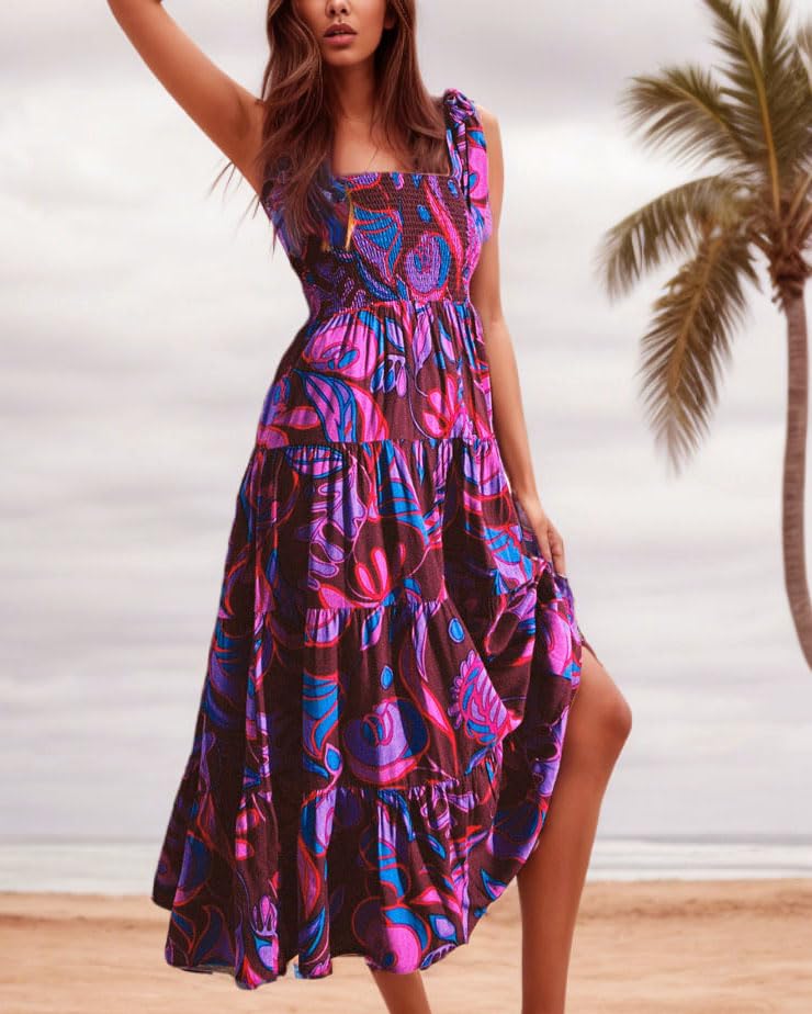 Image of kinstell Women's Summer Boho Spaghetti Strap Square Neck Ruffle Casual Flowy Long Dress Beach Swing Party Maxi Dress