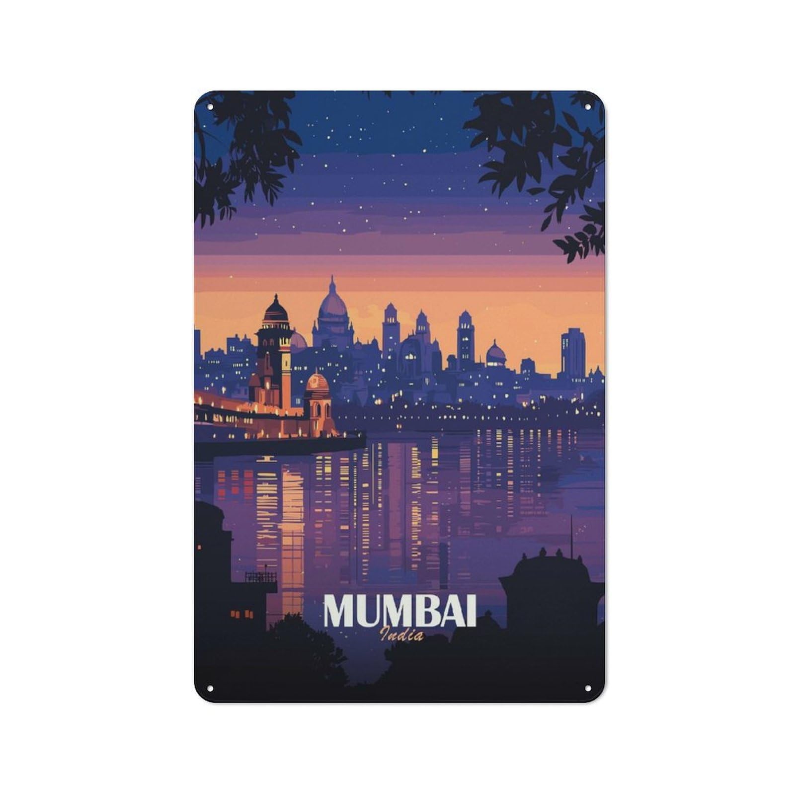 Junmoney Mumbai India Skyline At Dusk Vintage Metal Plaque 30X20cm, Bistro Wall Plaque For Coffee Bar, Kitchen, Bistro Or Tea Corner