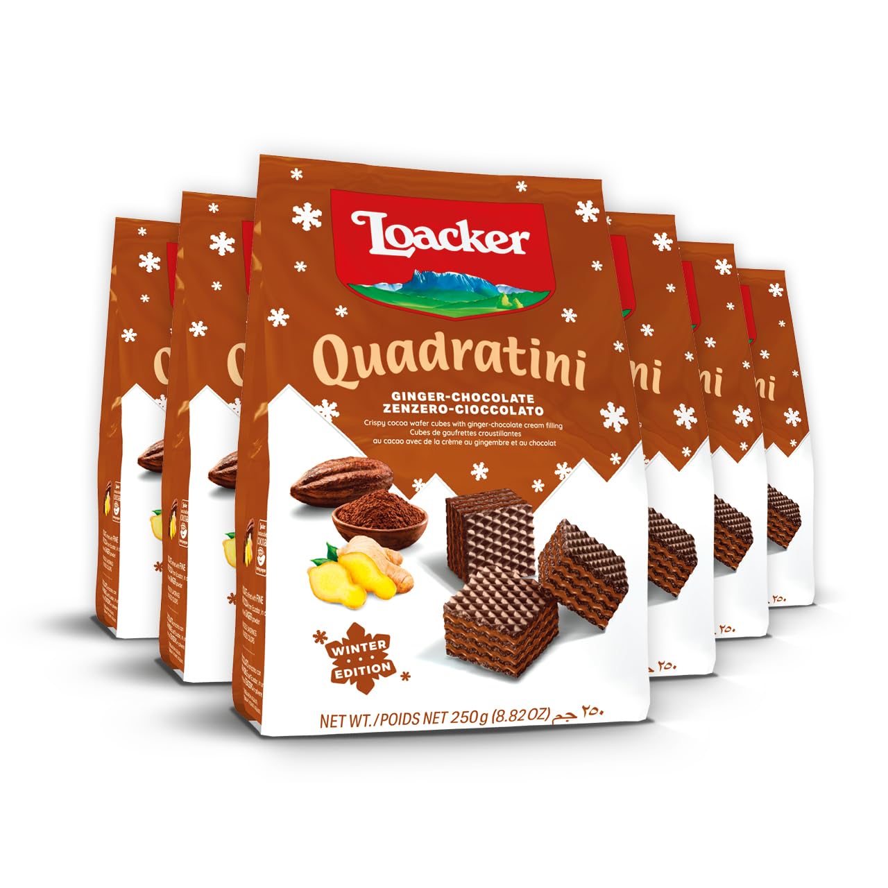 LoackerQuadratini Ginger Chocolate Wafer Cookies LARGE - 30% Less Sugar - Limited Holiday Edition Premium Crispy Bite Size Wafers - NON-GMO - LARGE Pack of 6