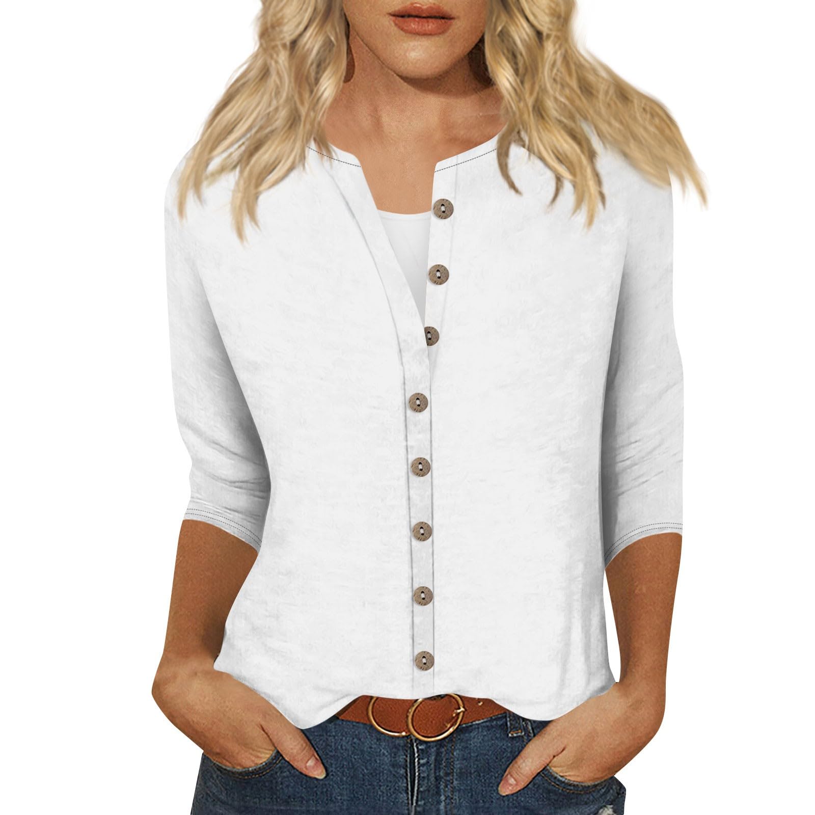 slqdgmryz Womens Button Down Shirt Casual Lightweight 3/4 Sleeve Cardigan V Neck Cute Summer Tops Solid Color Trendy Dressy Blouses 3/4 Length Sleeve Womens Tops 2025 Women's Cardigans,White,L