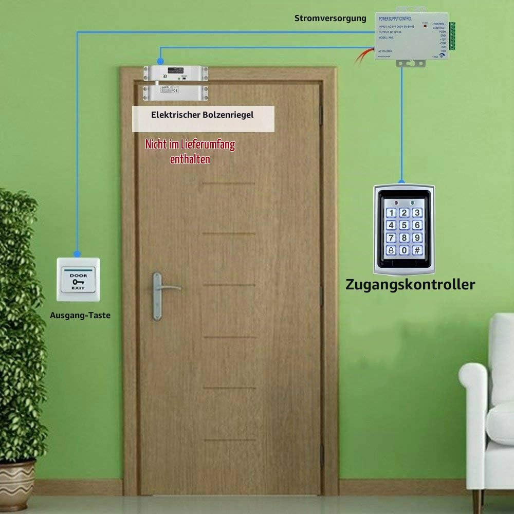 YAVIS Kit programmierbare RFID-Zugangskontrollsystem Metall Controller Tastatur, wasserdichte Schale, elektrisches Bolzenschloss, DC 12V 3A Netzteil, Ausgangstaste, Schlüsselanhänger ID 10 Stück