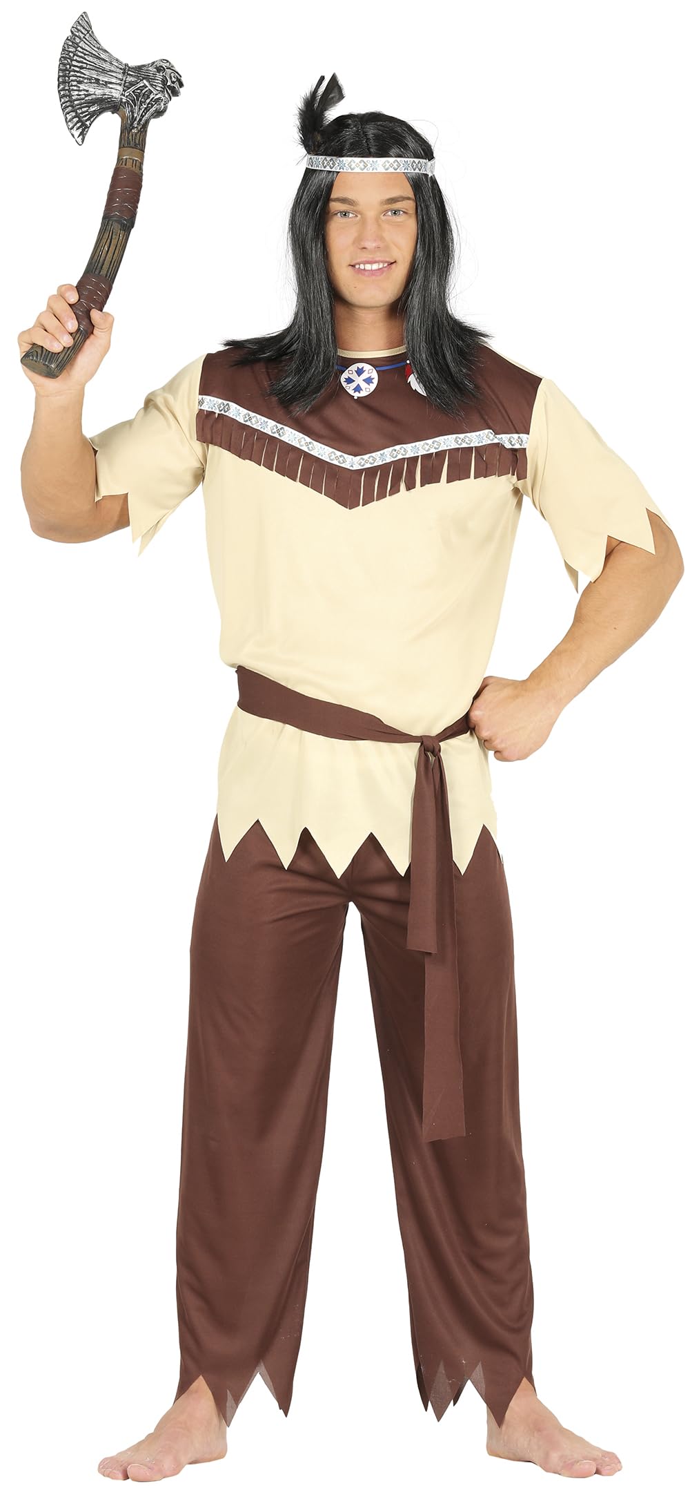 FIESTAS GUIRCA Tomahawk Warrior Fancy Dress Costume - Native American Inspired Mens Fancy Dress Men incl. Feather Headband Size S 36-38