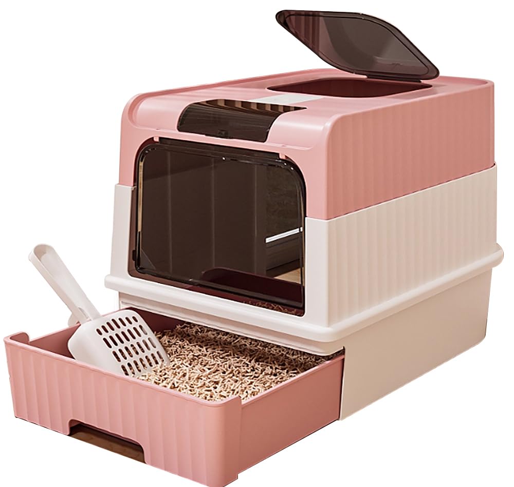 BPS Caja de Arena para Gatos con Cajón Extraíble, Cubierta Superior y Filtro Desodorizante – Doble Entrada/Salida, Espaciosa y Antisalpicaduras, Fácil de Limpiar (Rosa) BPS-8805RS