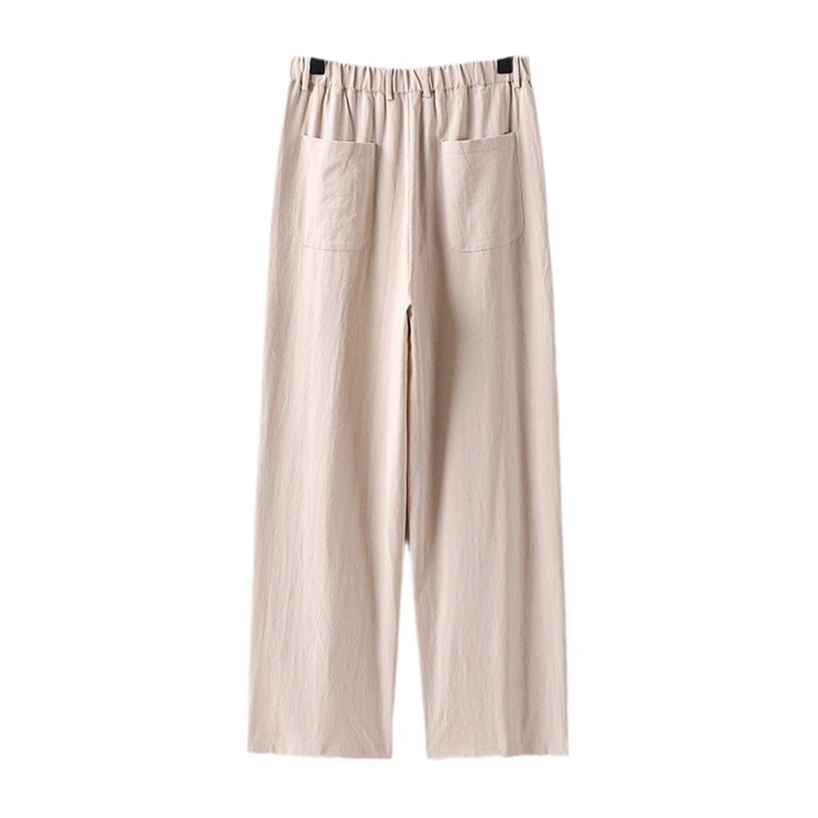 Pantaloni da uomo in lino Pantaloni estivi Pantaloni casual dritti Pantaloni con vita elastica e bottoni per uomini Pantaloni in lino