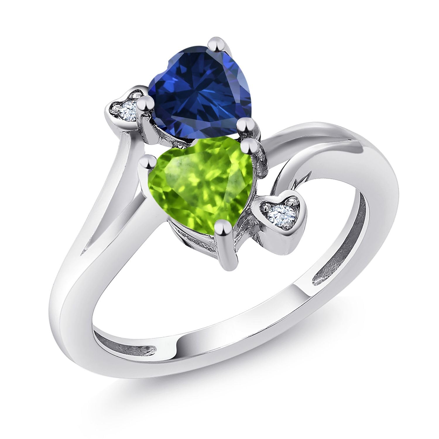 Gem Stone King 1.66 Cttw Blue Created Sapphire and Green Peridot Ring For Women | Heart Shape 6MM | Gemstone Birthstone | Wedding Engagement