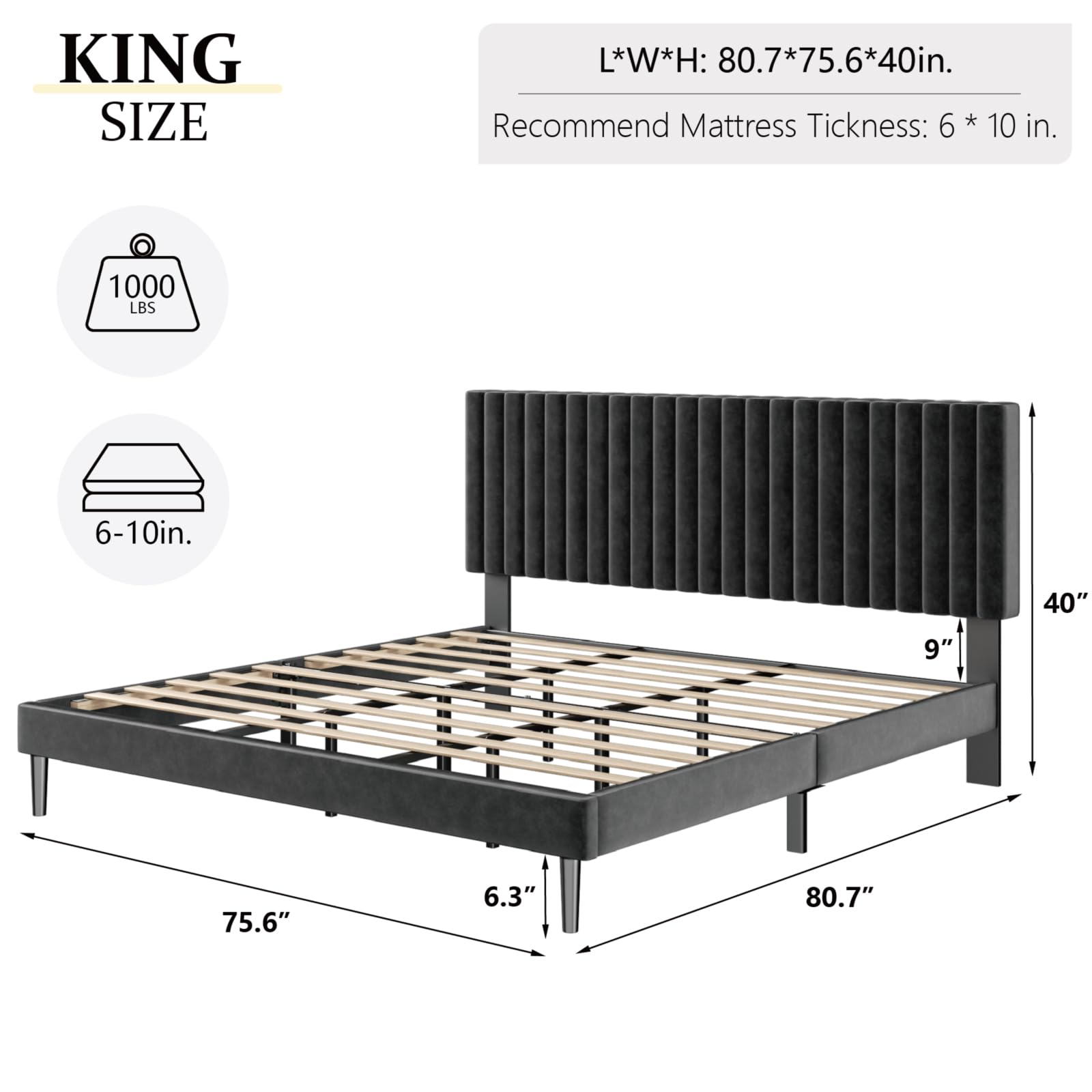 Base de cama tamaño King, base de cama con plataforma tamaño King y cabecera tapizada de terciopelo con listones de madera fuertes, somier opcional, base de colchón, fácil montaje, color negro 2