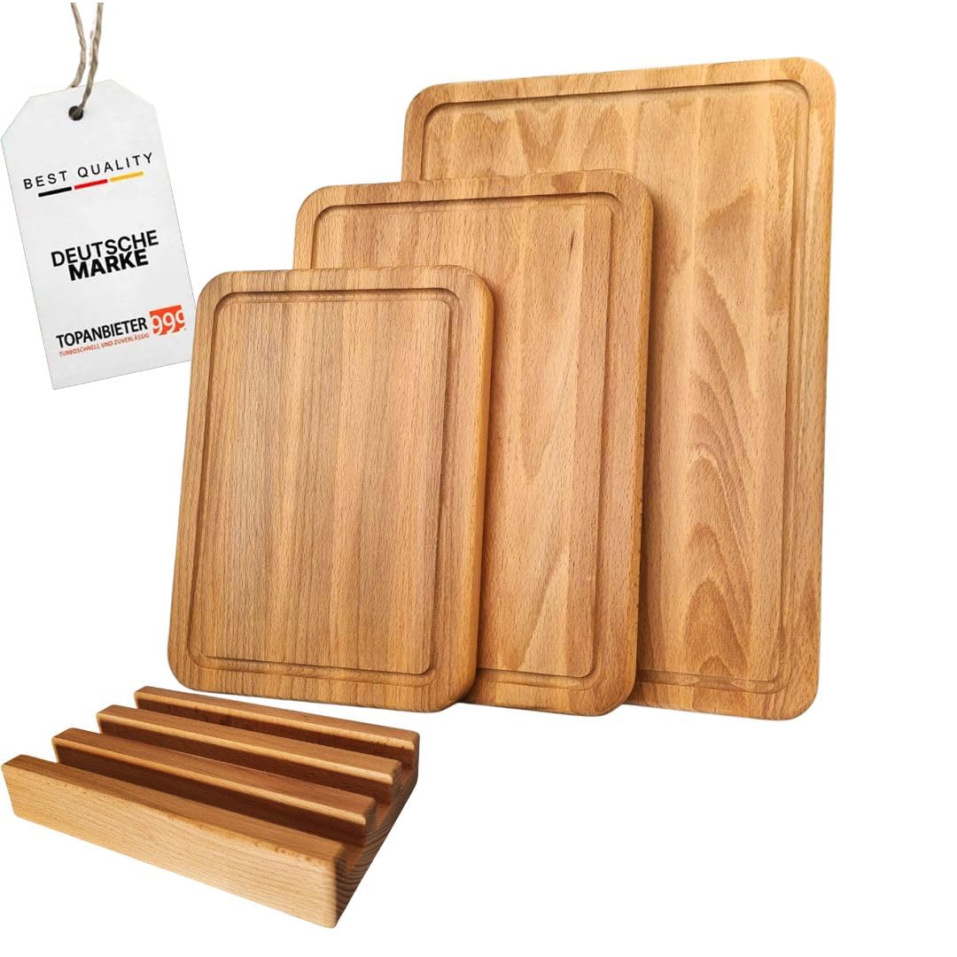 Premium Schneidebrett Set Buche 3-teilig mit Halter Saftrille Holz geölt | Massives Buchenholz, lebensmittelecht, drei Größen 27/30/40 cm , stabile 1,8 cm Stärke, natürliche Holzoptik, Servierbrett