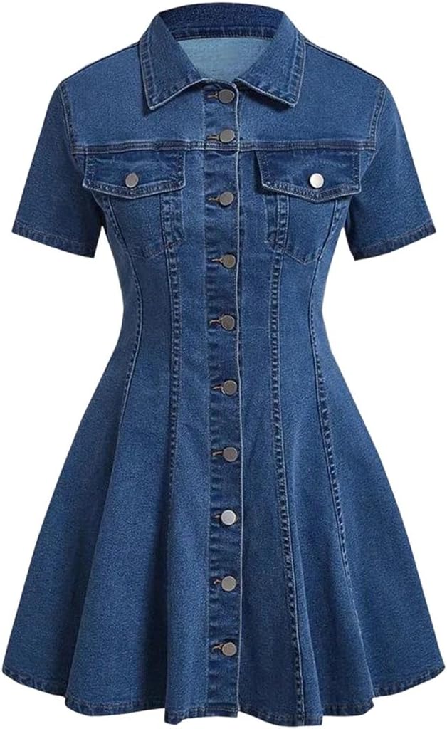Women's Spring Summer Short Sleeve Denim Dress Shirt-Style Slim Fit A-Line Casual Single-Breasted