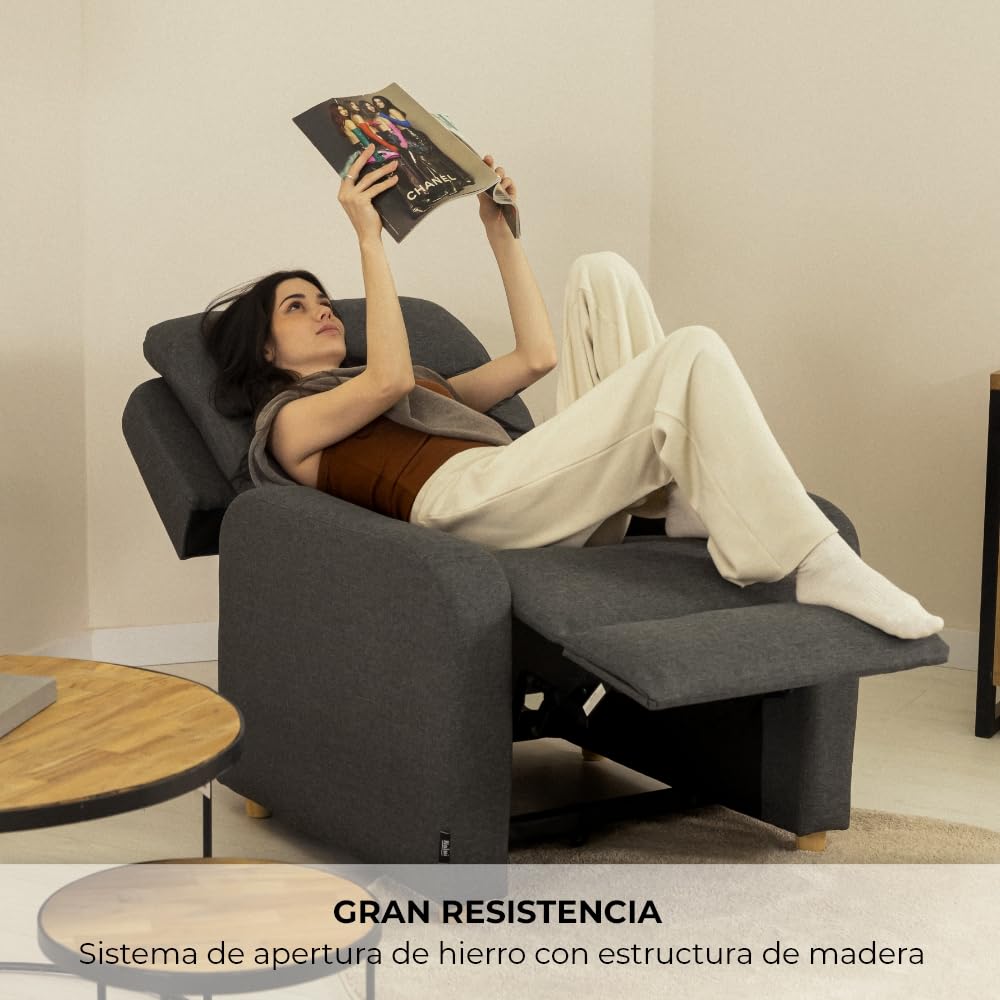Nalui - Sillón Relax Reclinable One Fabric (77x87x95cm) con Apertura Push Manual y Estructura Reforzada. Sillón para el Salón Tapizado en Tela con Reclinación 160º Gris Marengo