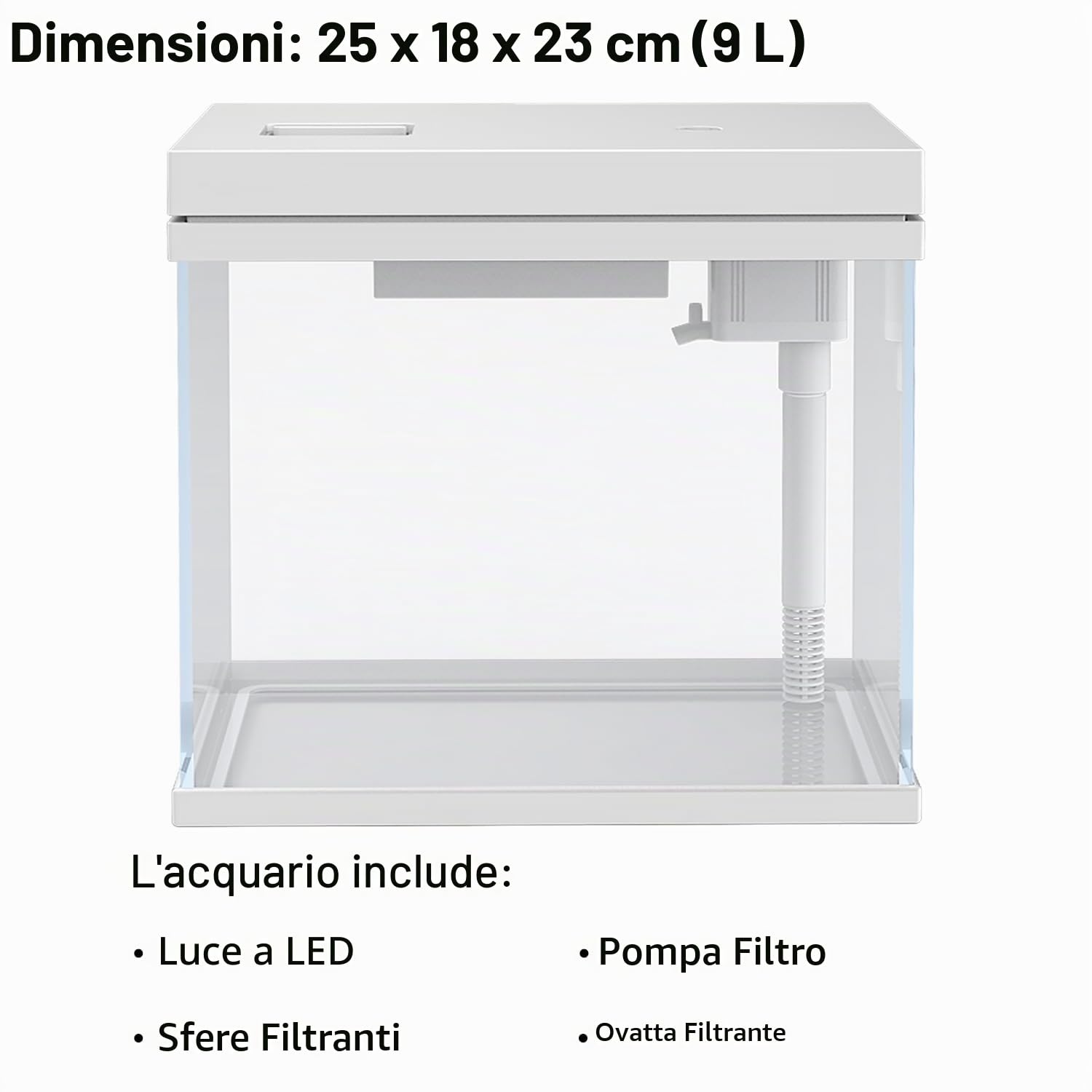 Serbatoio per pesci da 9 l, acquario in vetro nano, sistema di filtraggio migliorato e luce LED, per acqua dolce e marina, sfere filtranti incluse (bianco, 9L)