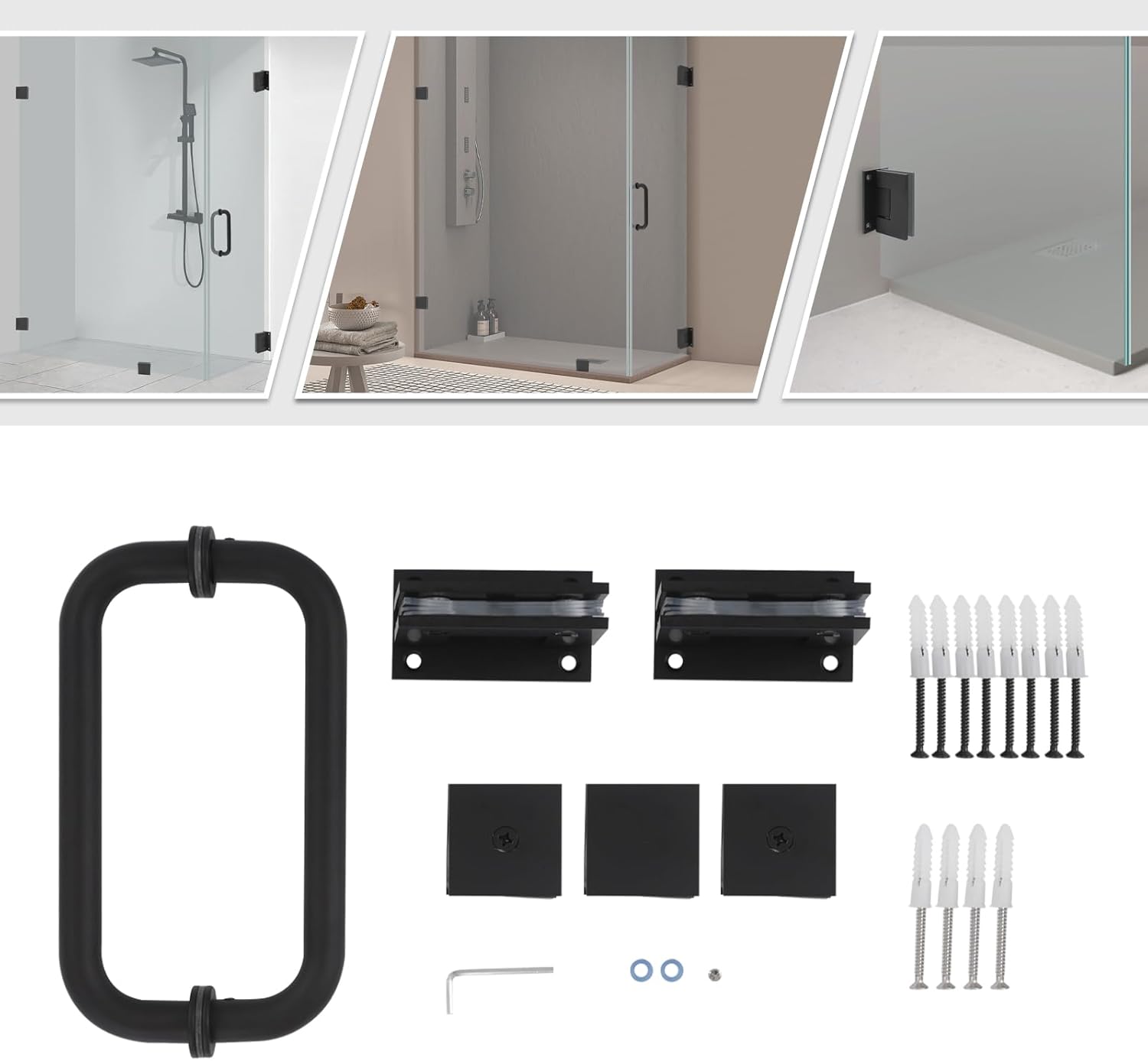 Frameless Shower Door Hardware Kit, 99lbs Load Capacity Bathroom Accessories Including Hinges and Handles, Glass Clamps for 6-12mm Thick Glass