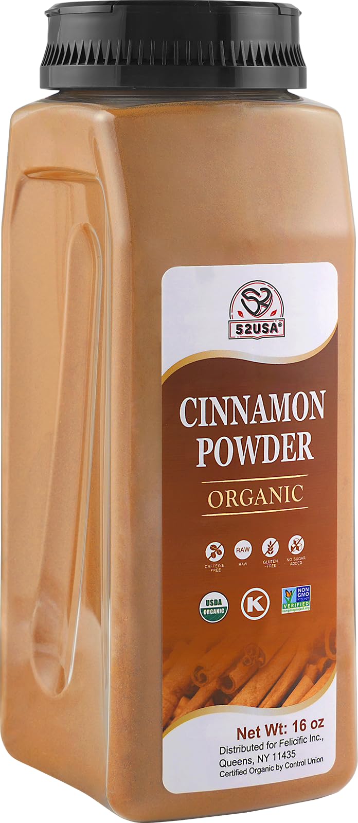 52USA Organic Cinnamon Powder,1 lb (16oz),Pure Ground Cinnamon, 100% Certified,Premium Quality Spice-Great for Baking,Cooking and Drinks,Additive Free, USDA & Kosher Certified, Non-GMO,Gluten Free 16 Ounce (Pack of 1)