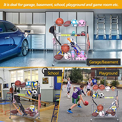 Image of Kinghouse Rolling Sports Equipment Organizer with Wheels, Garage Ball Storage Rack for Basketball, Toys, for Garage, Indoor, Gym, Outdoo, Includes Metal Storage Bin, Bat Holder, Hooks