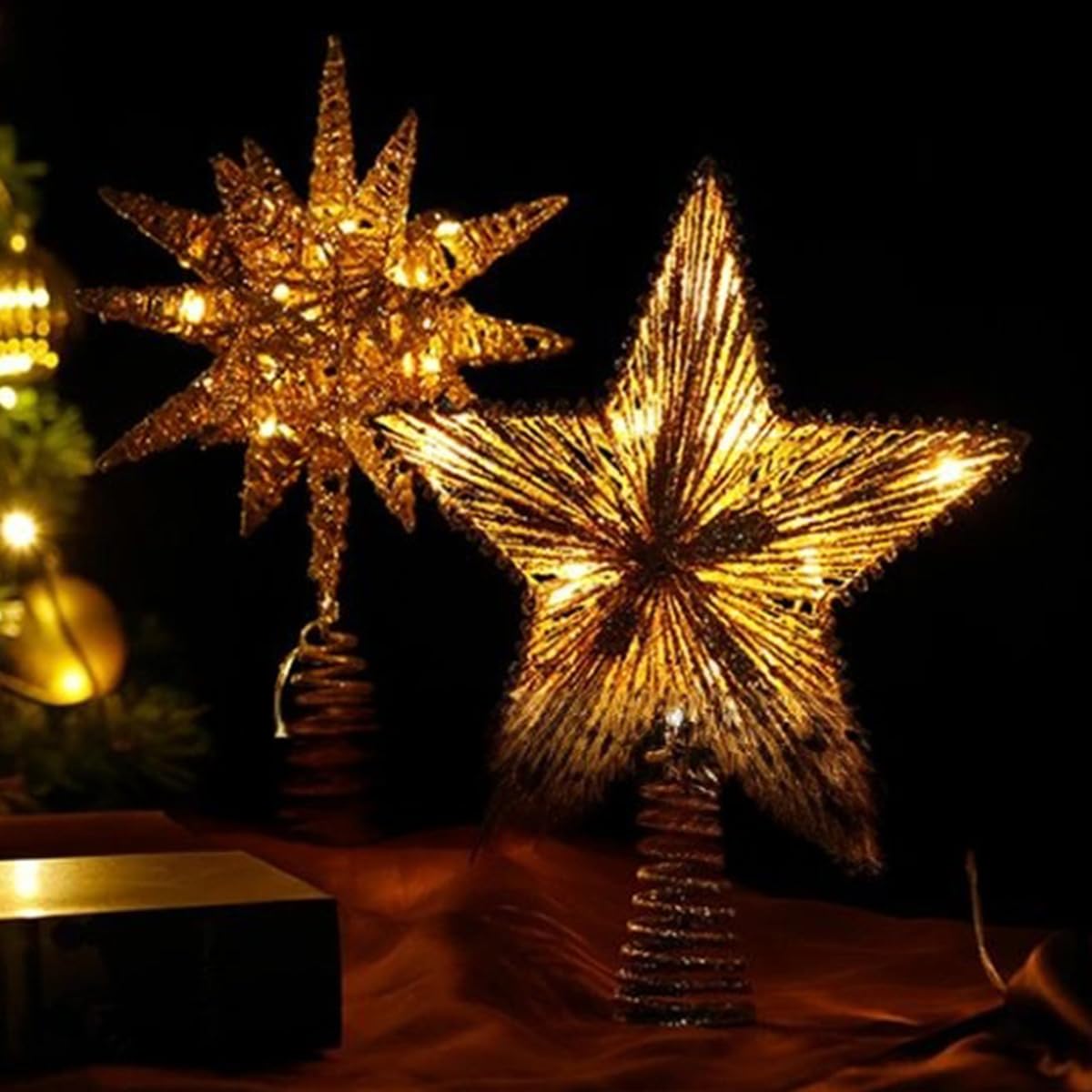 Décoration de Sommet d'arbre, Étoile de Sapin de Noël Cimier d'arbre Pré-Éclairé en Rotin Naturel avec Étoile pour La Décoration de La Maison de Vacances de Noël, du Nouvel an,B