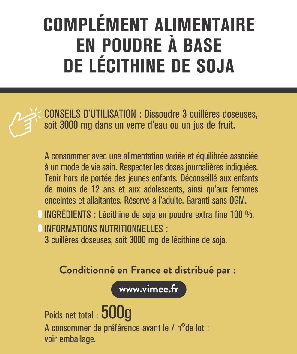 Lécithine de Soja en Poudre Vimee - Complément et Additif Alimentaire à Base de Phospholipides de Soja - Foie, Cerveau - 500 G - 500 Jours