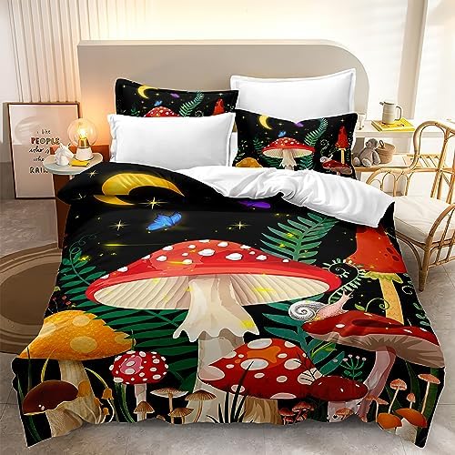 CONLIN Mushroom Duvet Cover Sets Bedding, Mushroom Comforter Cover Sets, Twin Size Hippie Mushroom Bedding for Girls Boys Women Men, Fungus Gifts for Kids Adults