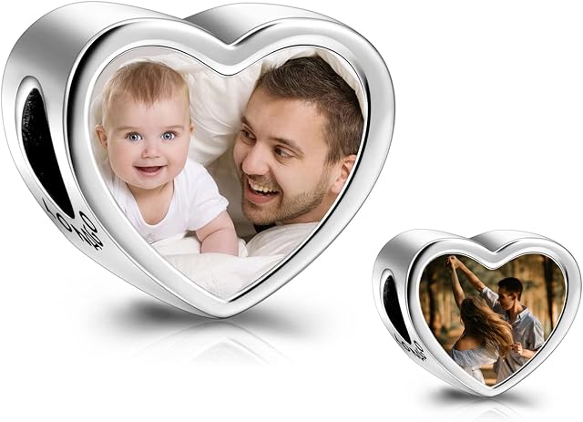 LONAGO 925 Sterling Silver Personalized Photo Charm Fit Bracelet Necklace Customized Heart Round Shape Picture Bead