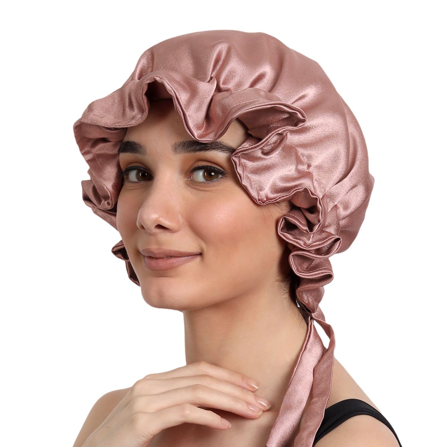 Mueras Satin Silk Hair Bonnet Reversible Sleep Cap with Adjustable tie Band for Women or Girls Pack of 1 (Dust Rose)-picture-41