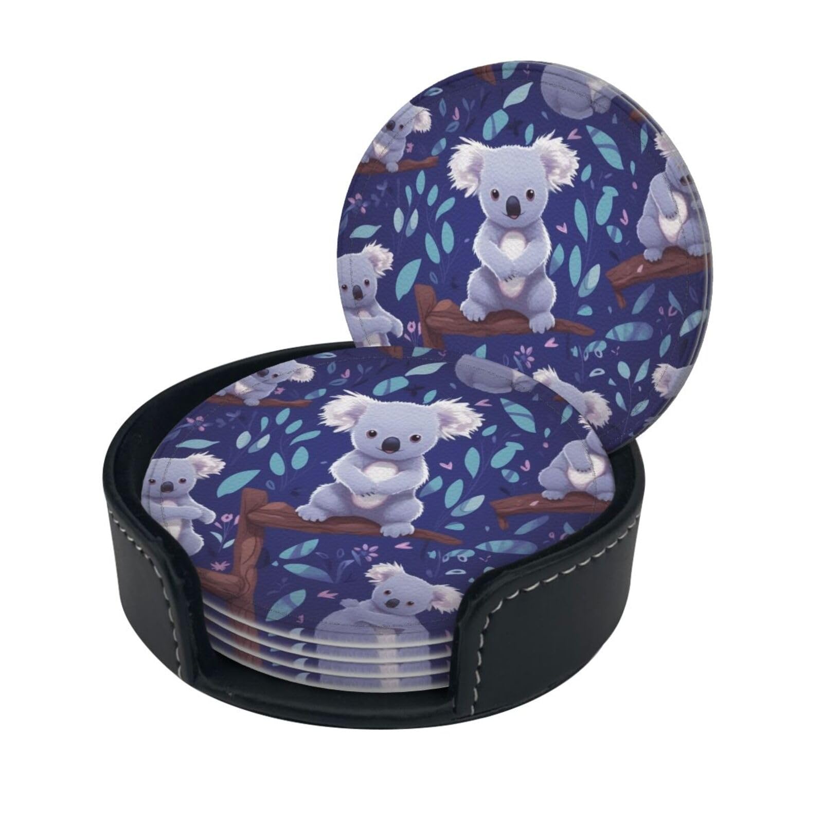 Stylish Coasters - Lovely Koala Set of 6 Round Leather Drink Coasters with Holder - Perfect Size for Cups and Glasses