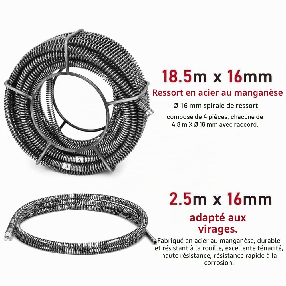 XIIW Furet Déboucheur Électrique 500W 450tr/min, Moteur Cuivre, 26 m Spirales Ø10/16mm (18,5m + 2,5m + 5m) - Machine de Débouchage des Canalisations Ø30-100mm - Évier, Douche, Lavabo, Drain, Égout | Original : 26 m (18,5+2,5+5). Moteur cuivre, châssis alu