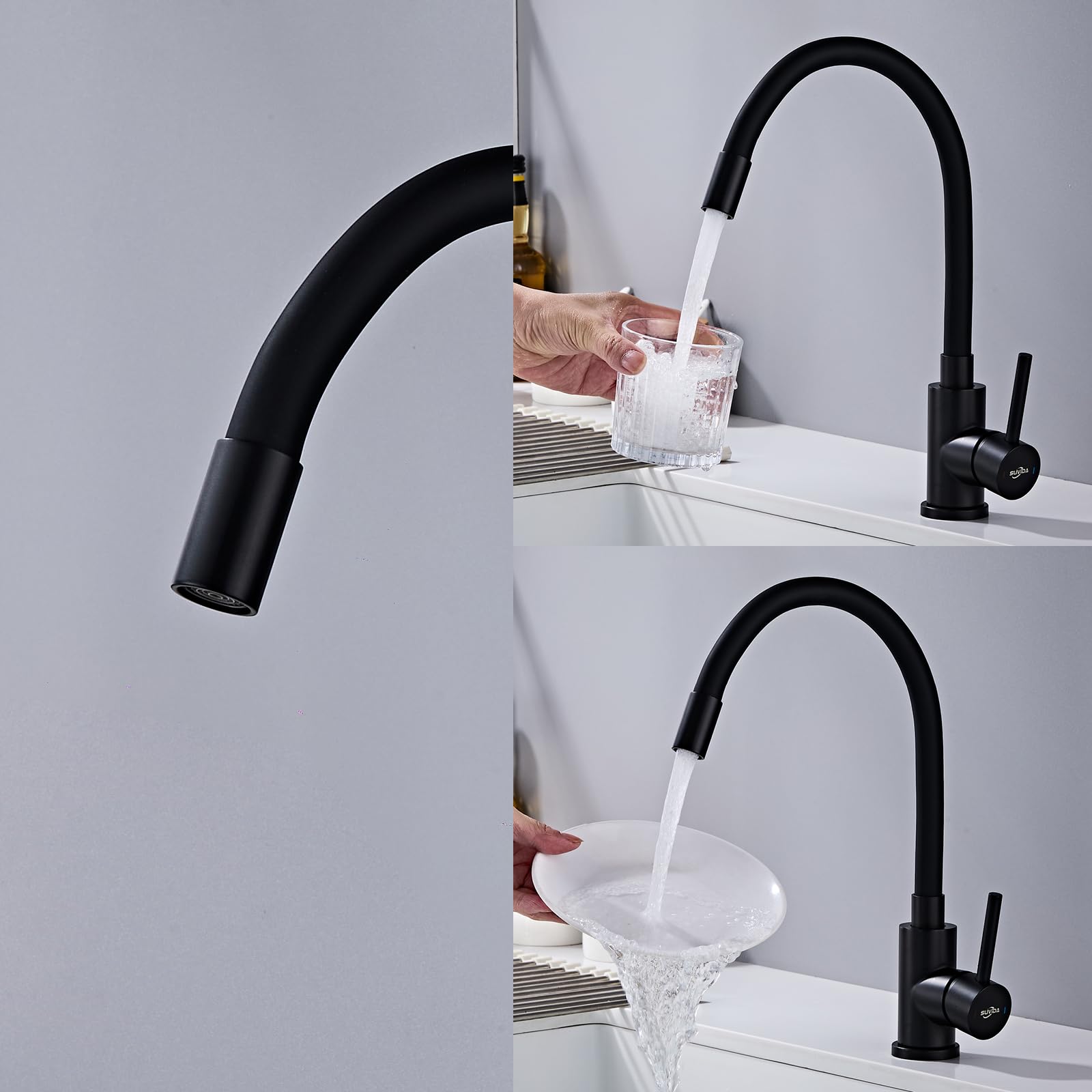 Grifo Fregadero Cocina Negro, Grifo Cocina Flexible, Mezclador Cocina Giratiorio a 360°, Monomando de Alta Presión, Grifos Cocina de Acero Inoxidable, Ahorro de Agua