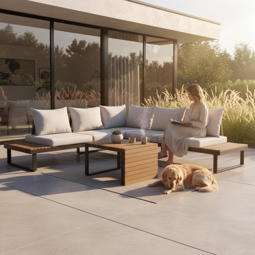 BDW Marbella Salon de jardin en aluminium gris avec polywood design modulaire pour terrasse et jardin, canapé 2 places, canapé d'angle, table basse