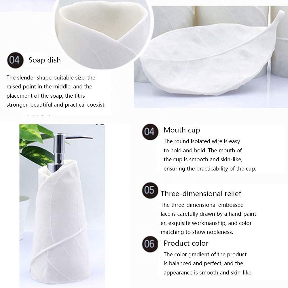 Estilo Moderno Blanco Juego de Accesorios de Baño de Resina Conjunto de Baño con Porta Cepillo de Dientes, 2 Tazas, Dispensador de Jabón Líquido, Jabonera, Diseño de la Hoja,with Tray