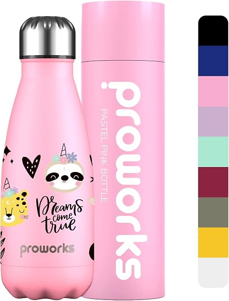 PROWORKS Insulated Water Bottle, BPA Free, Reusable Stainless Steel Water Bottle for 12 Hours Hot & Cold Hold Up to 24 Hours, for Sport, Gym, Travel - 500ml - Pink Daisy - 1