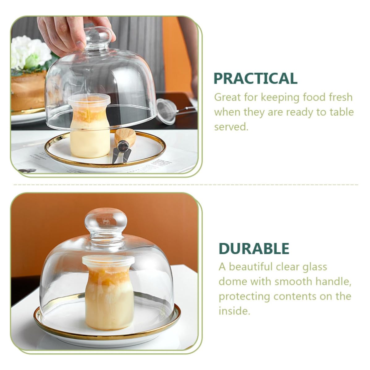 iplusmile Cúpula de Pastel Transparente con Bandeja de Cerámica para Exhibir y Proteger Postres y Tartas en Comidas Festivas y Recepciones