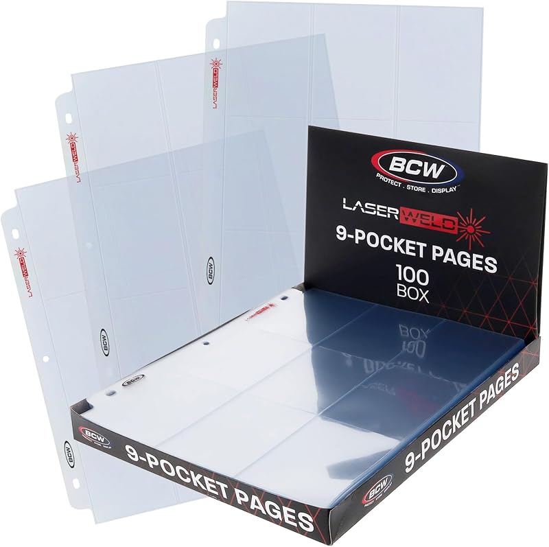 BCW LaserWeld 9-Pocket Page - Side Load 100ct | Holds Nine 2½" x 3½" Trading Cards | Acid-Free Card Storage | Laser-Welded Seams for Durability | Compatible with 3-Ring Binders