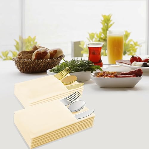 Miniatura 4 de Servilletas desechables color crema, paquete de 50 servilletas de papel de tacto de lino con bolsillo integrado para cubiertos, tela preplegada como