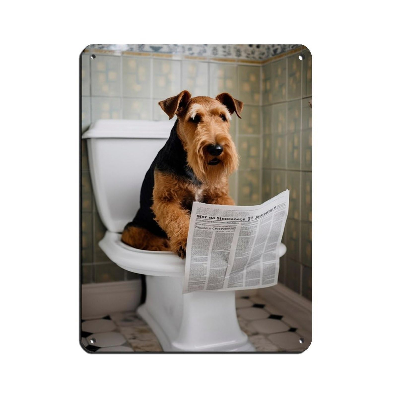 Airedale Terrier on Toilet Reading The Newspaper Retro Poster Metal Tin Sign Chic Art Retro Iron Painting Bar People Cave Cafe Family Garage Poster Wall Decoration 12x16inch(30x40cm)
