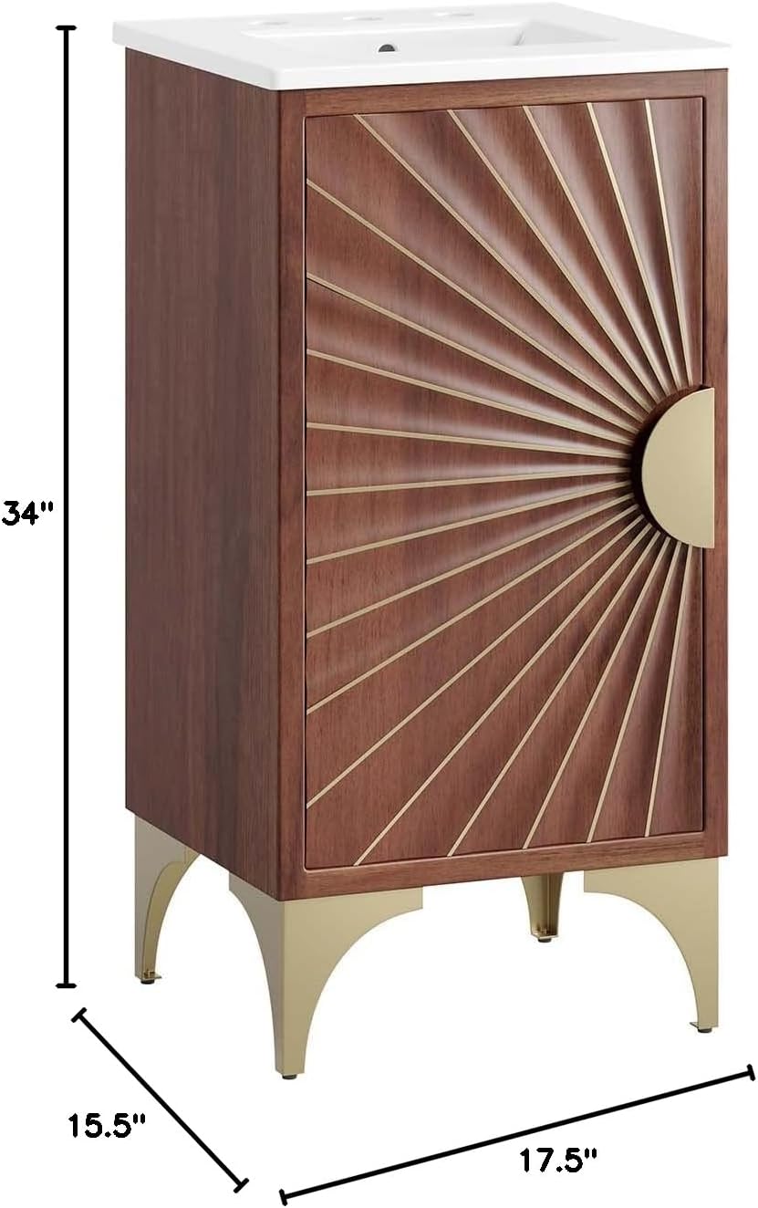 Modway Daylight Bathroom Vanity Cabinet with Ceramic Sink Basin, 18 Inch, White Walnut