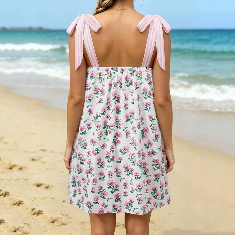 Image of Women Floral Tie Shoulder Mini Dress Cute Square Neck Loose Fit Beach Short Dress Backless Boho Vocation Sundress