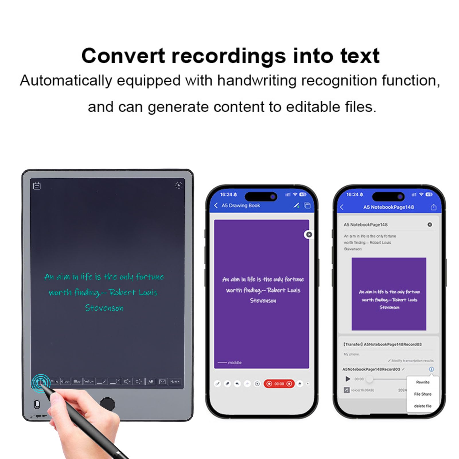 ASHATA Set di Schede di Scrittura di Penna Intelligente Digitale, Tablet a Mano AI con Note di Incontro Vocale di Archiviazione Cloud in Tempo Reale