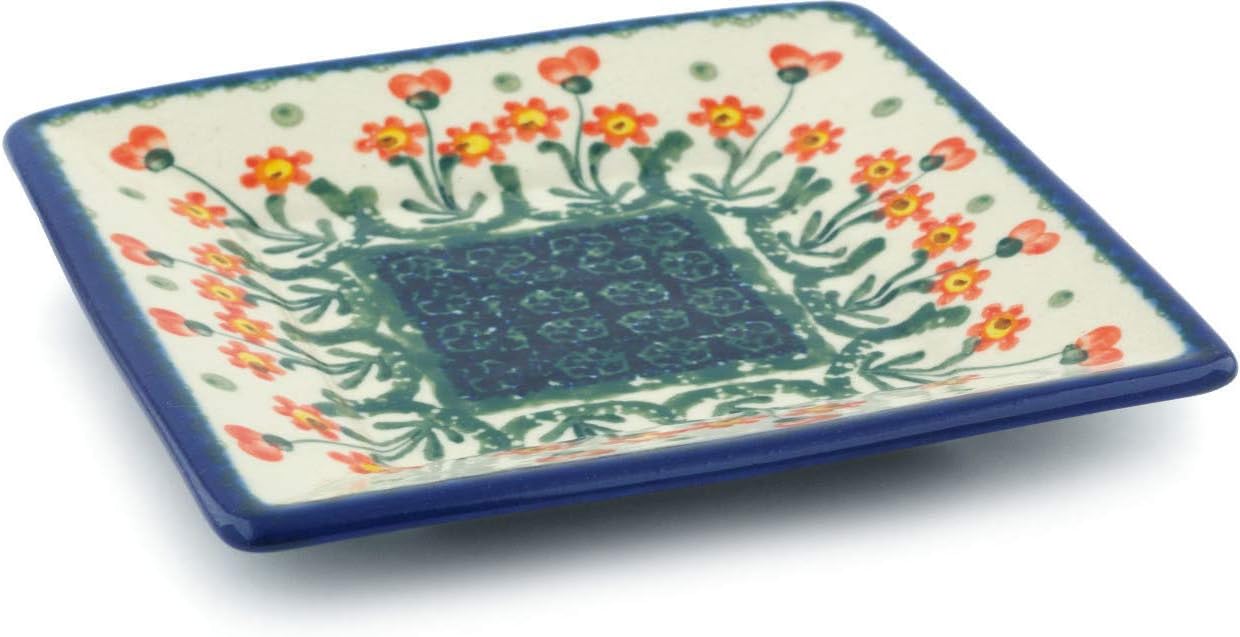 Polmedia Polish Pottery Square Plate - Peach Spring Daisy Pattern Handmade in Boleslawiec Poland by Ceramika Artystyczna + Certificate of Authenticity