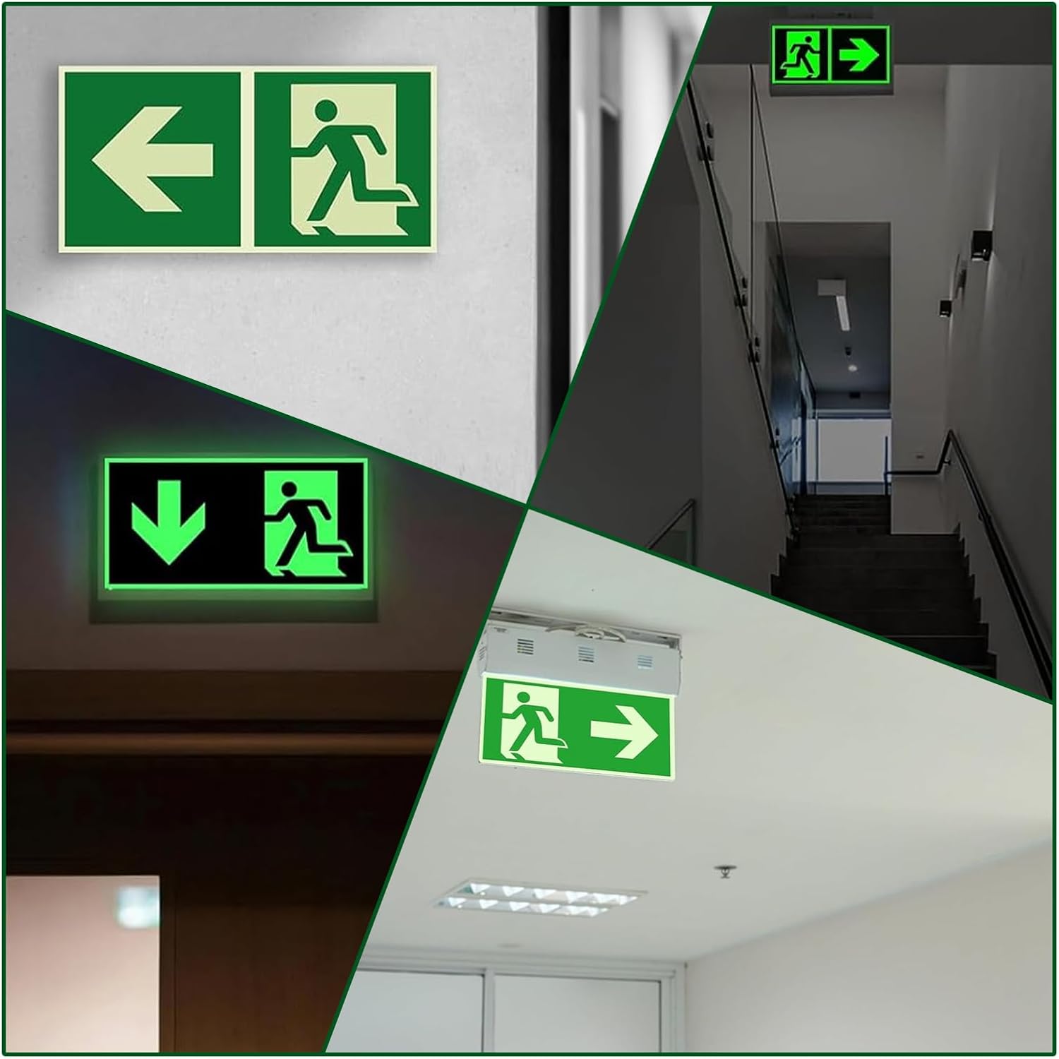 Pack of 8 Emergency Exit Sign, Afterglowing, Escape Route Signs, Photoluminescent Self-Adhesive, Illuminated Exit Sign with Arrow, PVC Rescue Route Signs 150 x 300 mm