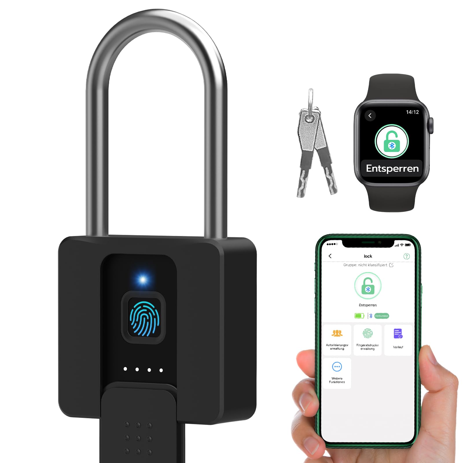 Lucchetto a Impronta Digitale, Lucchetto a Combinazione con Catenaccio Lungo Eseesmart con Chiave, Bluetooth, Lucchetto con Lunga 60MM, Lucchetto per Cancello Esterno Impermeabile
