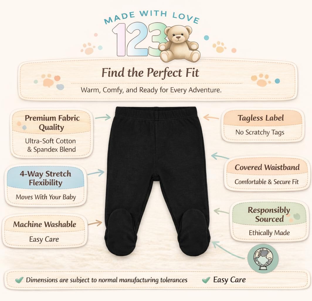 123 Bear Pantalones de bebé de algodón suave y elastano con perneras