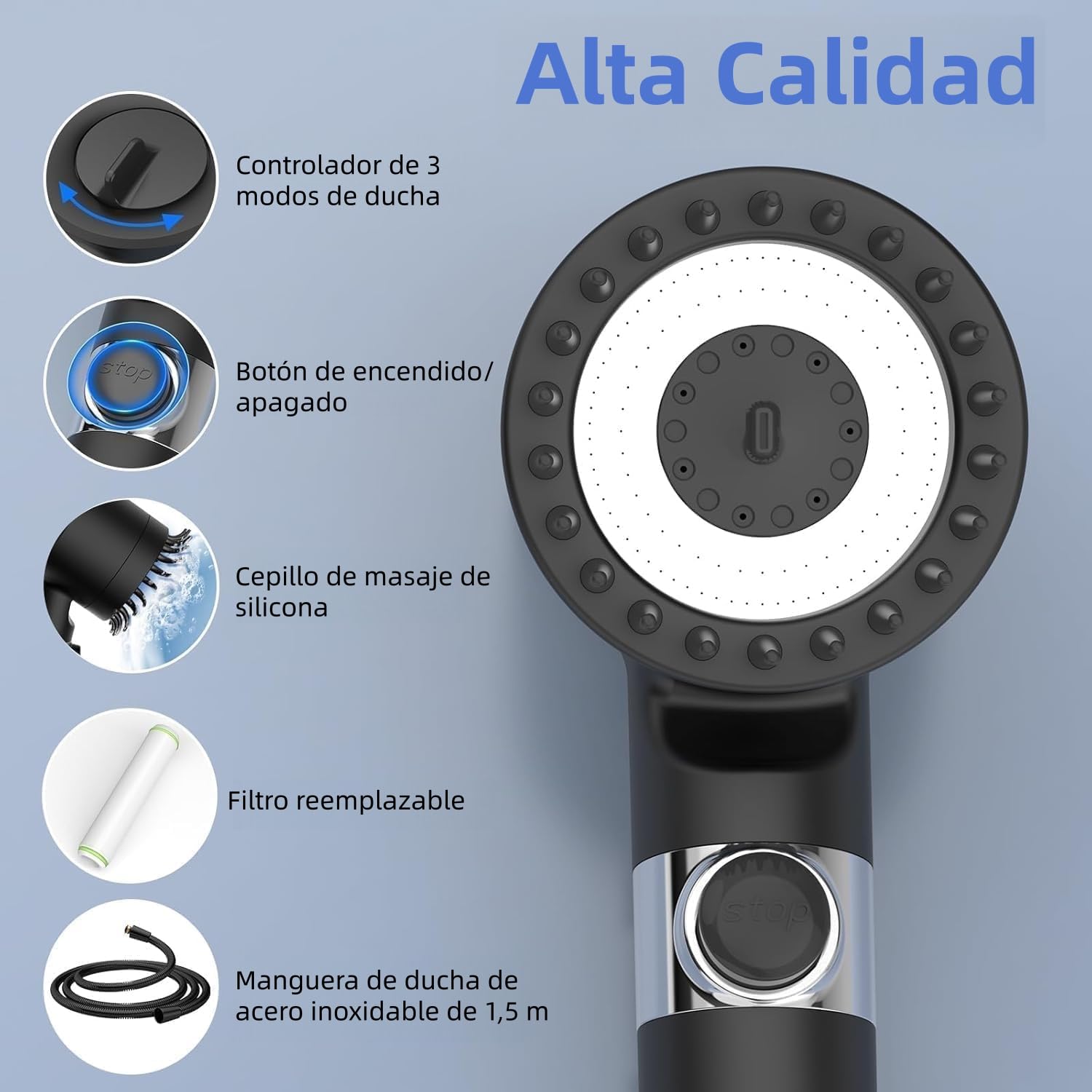 Alcachofa de Ducha con Filtro Antical,1.5M Manguera y Soporte,Cabezal de Ducha Mano con 4 Modos,Cabezal de ducha con filtro y OFF/ON Switch, Adecuado para limpiar mascotas y baños,Negro Profundo