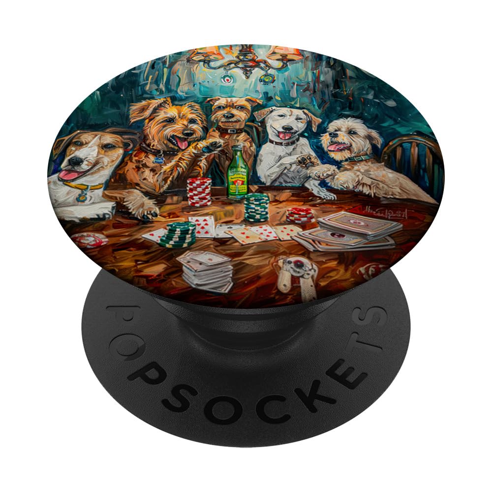 Funny Dog Playing Poker Oil Painting Dog Dad Dog Mom PopSockets Swappable PopGrip, Black
