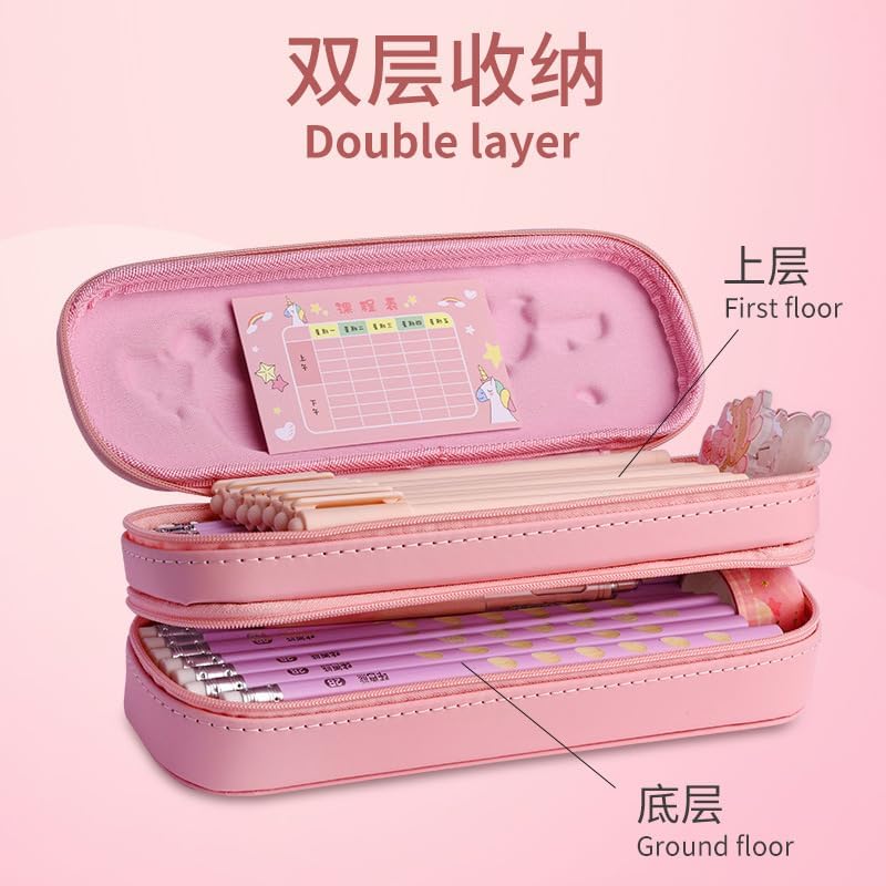Image of DEOXY Pencil Case Double Layer 3D Happy time Cute Girl Pencil Case for Kids Large Capacity Pen Pencil Pouch Multifunctional Stationery Organizer for School