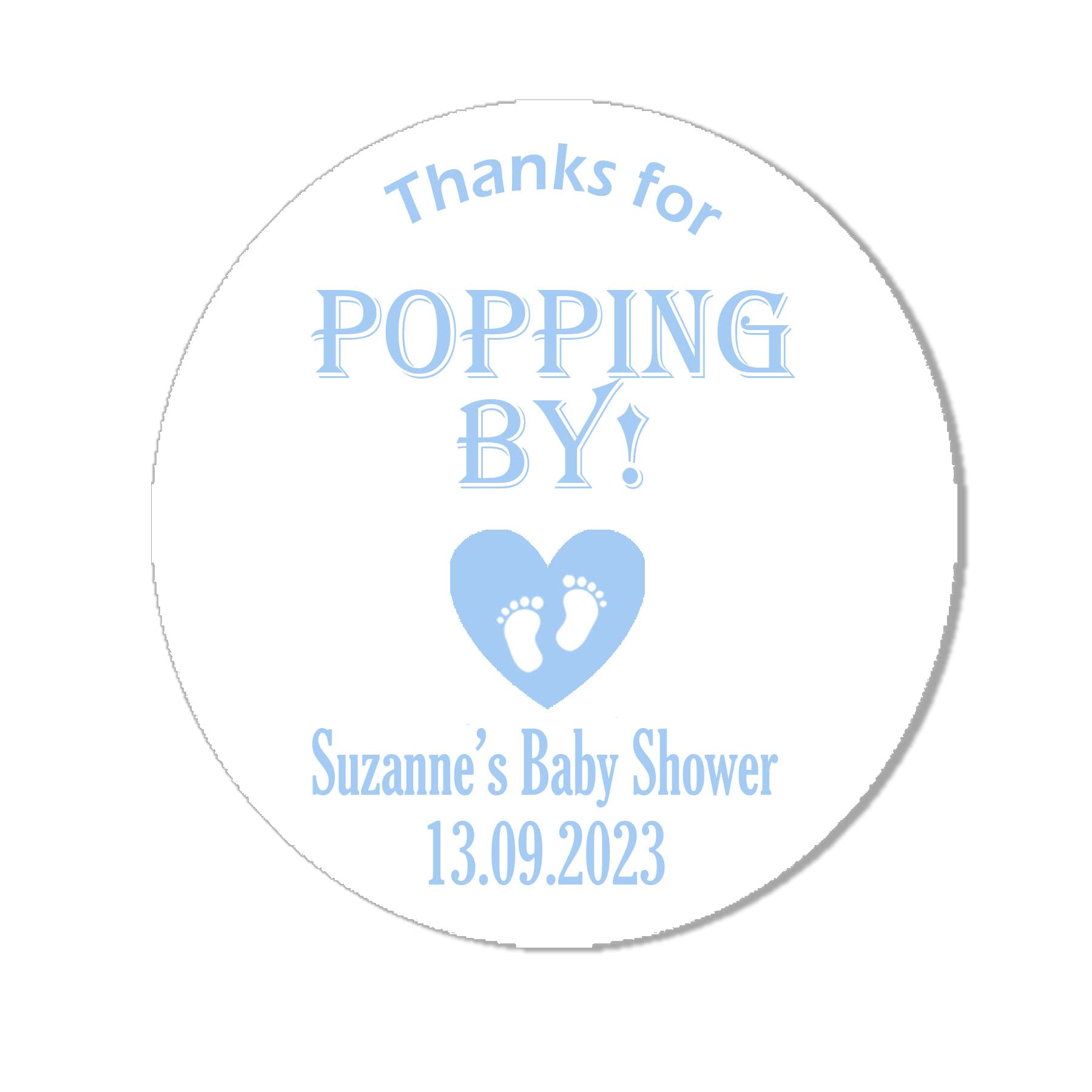 Treasured Forever Blue 24 Personalised Baby Shower Stickers Thank You Popcorn Cone Stickers, Favour Bag Stickers, Thanks For Popping By (Blue)