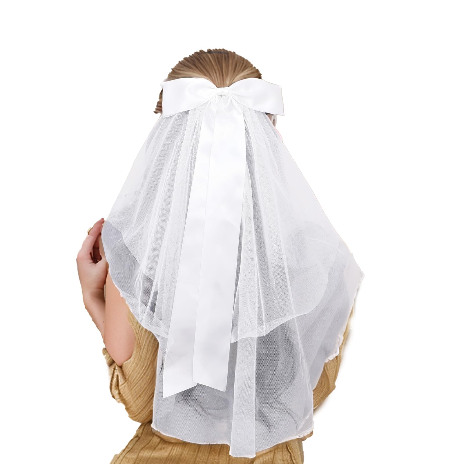 Elegant White Bridal Veil with Satin Bow - Soft Tulle Fabric, Versatile for Weddings & Special Occasions