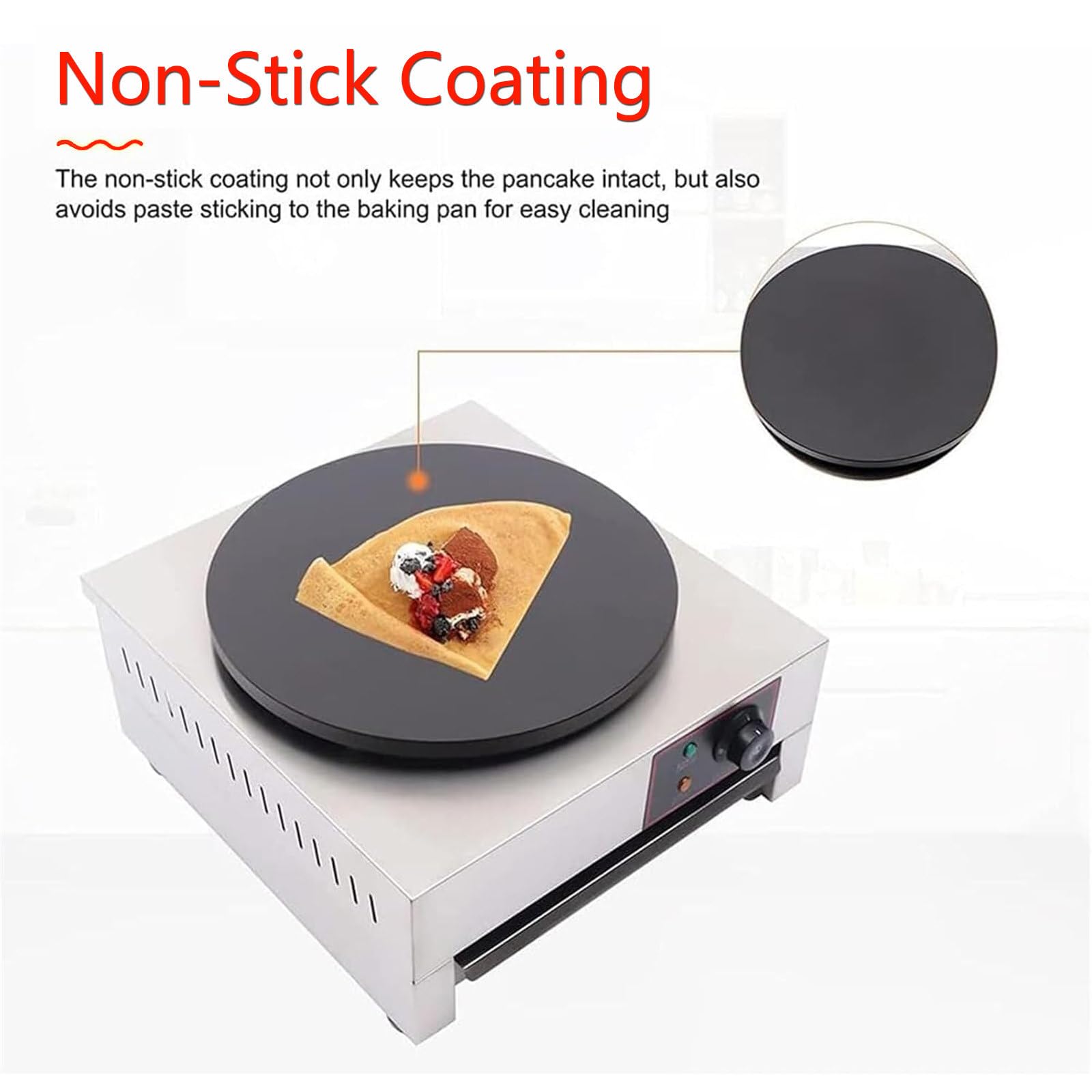 Sartén eléctrica para crepes, 16 pulgadas, antiadherente, 3000 W con espátula, placa de calefacción ajustable de 50 a 300 °C para crepes, panqueques y huevos