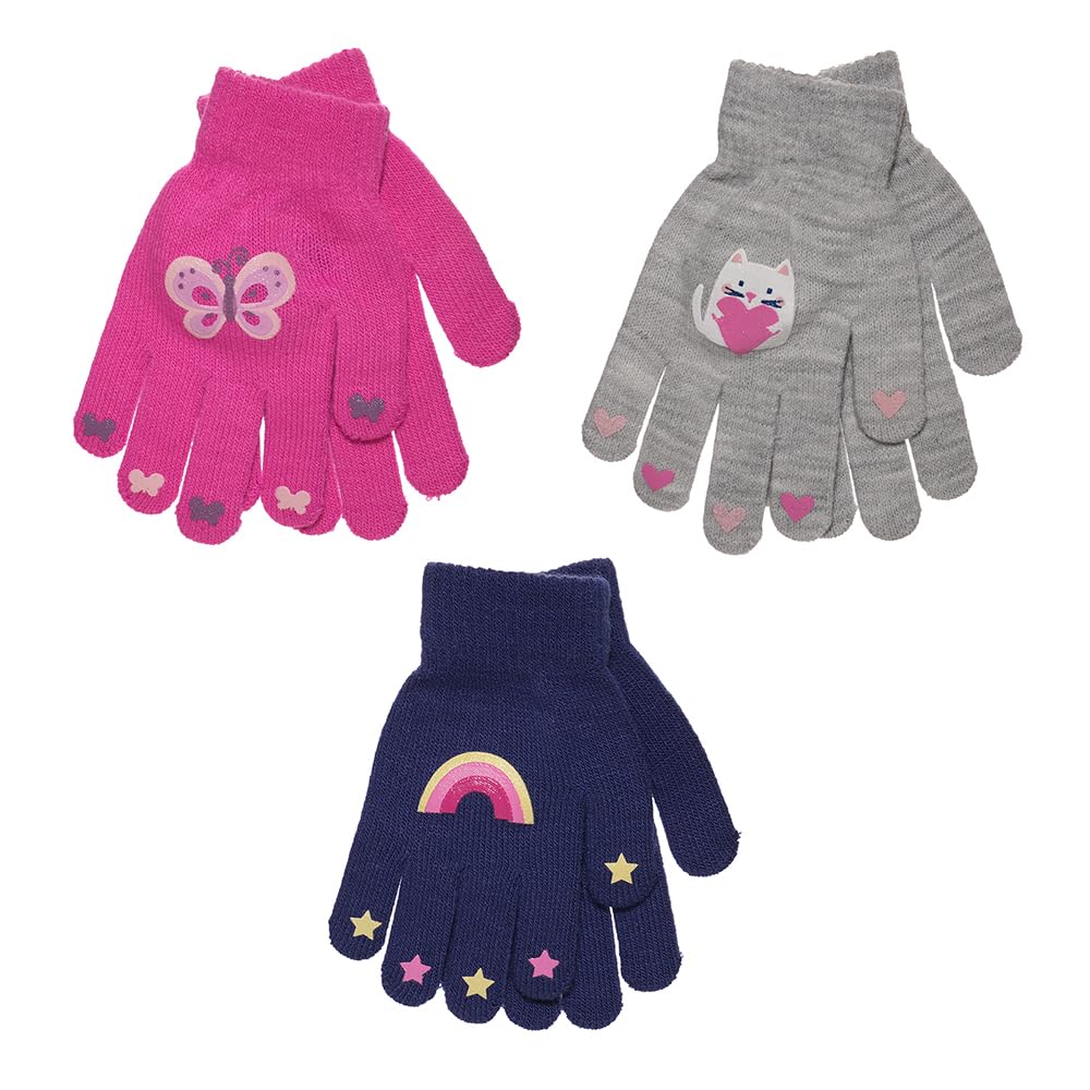 Undercover Boys Multicoloured Rainbow 3 Pairs Girls Kids Thermal Magic Stretch Grip Winter Gloves Grip With Animal, Camo Or Football Grippers (, One Size)