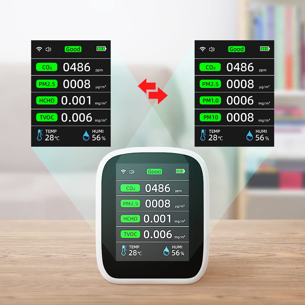 Irfora Tuya WiFi Portable 8 en 1 PM1.0 PM2.5 PM10 CO2 CO2 TVOC HCHO Testeur de température et d'humidité Écran couleur LCD Détecteur de dioxyde de carbone avec fonction d'affichage de l'heure et de la